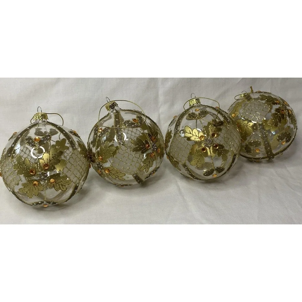 Set Of 4 Pottery Barn Glass Gold Clear Christmas Ornaments